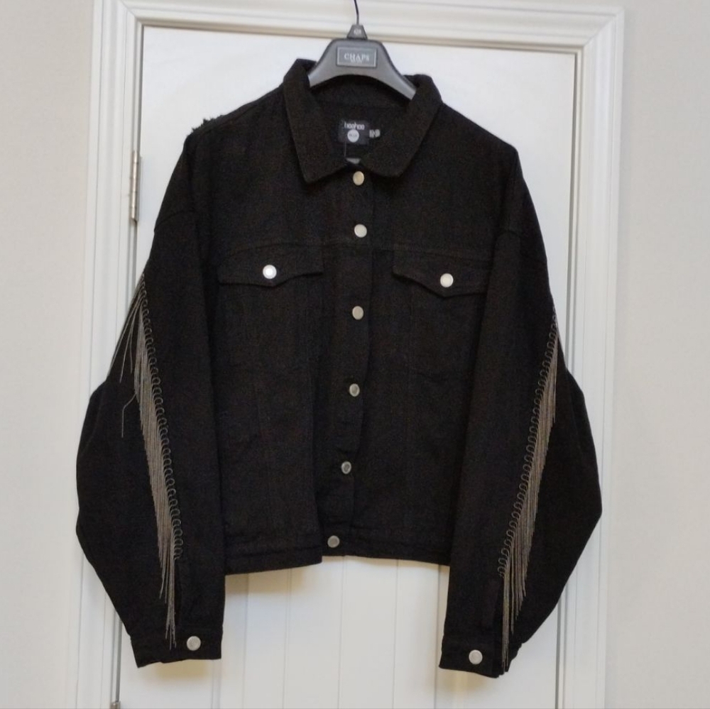 Boohoo Blue, Chain Fringe, Black Denim Jacket Sz-24